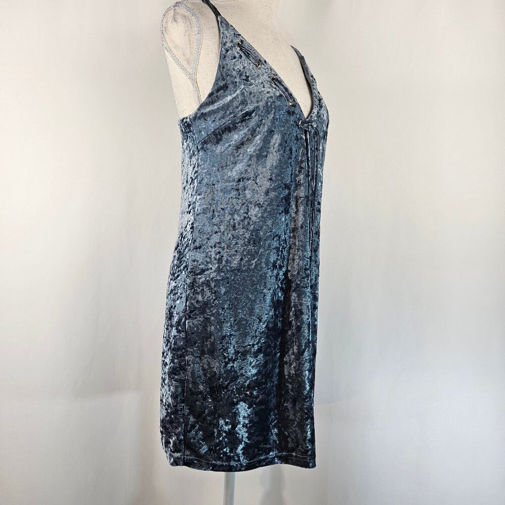 Emory Park Blue Shimmer Crushed Velvet Deep Tasseled V-Neck Stretch Mini Dress S - Picture 3 of 14